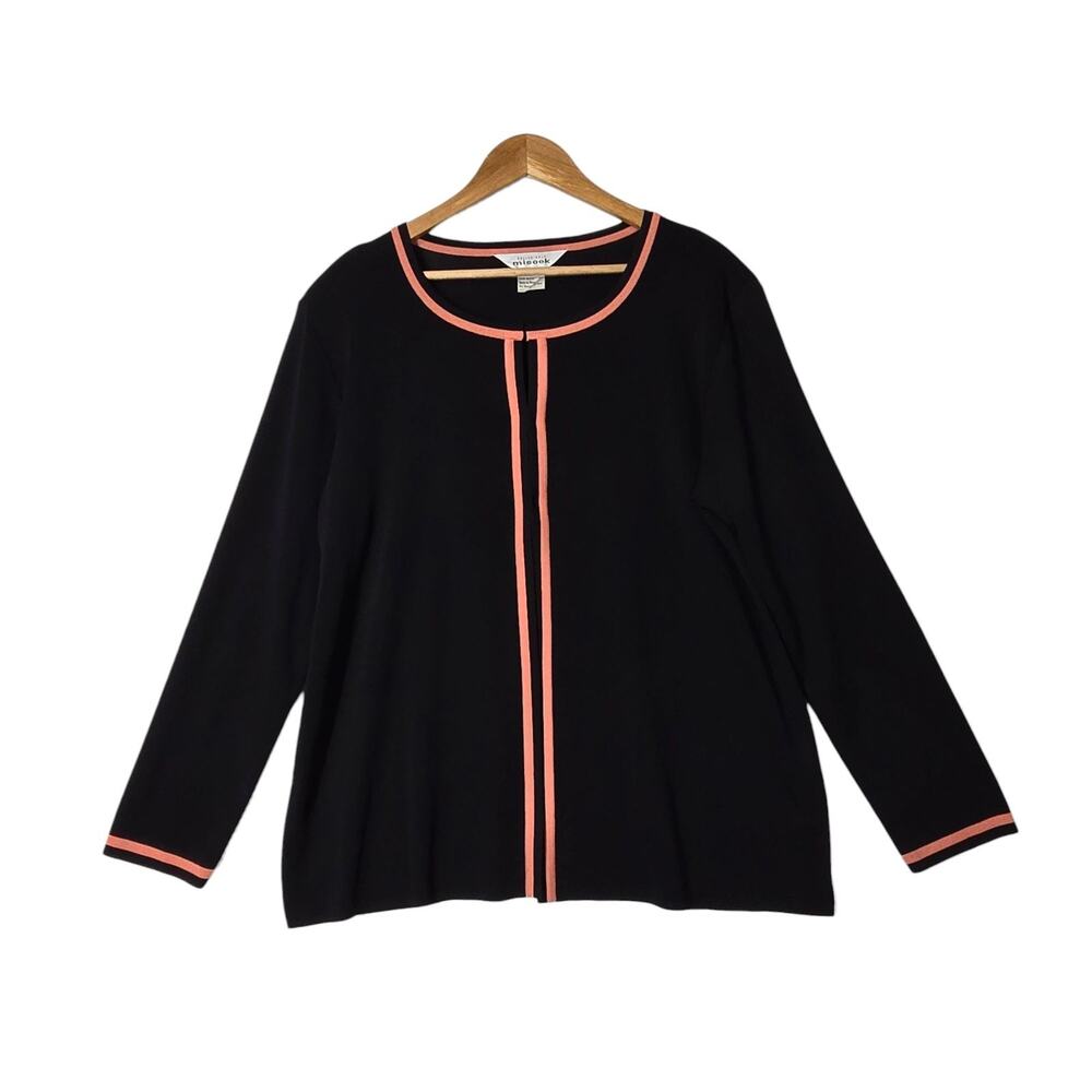 Misook Cardigan Jacket XL Black Coral Trim Piping Sweater Careerwear Chic